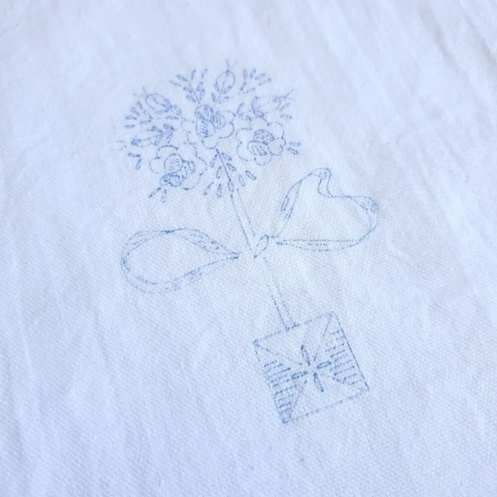 White Table Runner Stamped For Embroidery 38 x 14 Flower Bow Cottagecore Grandma